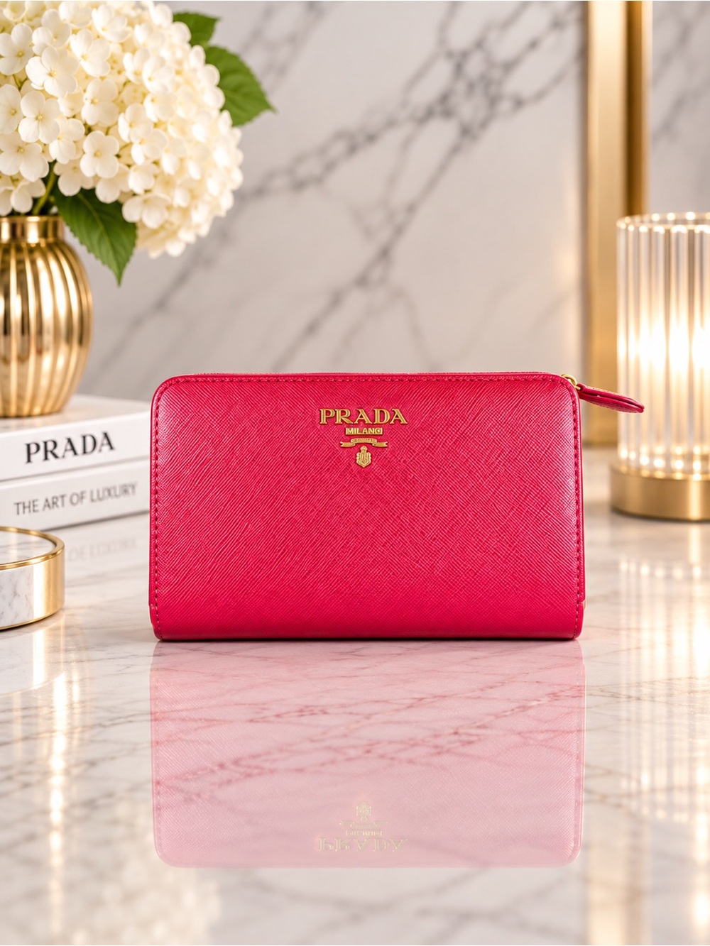 Prada Pink Saffiano Leather Compact Snap & Zip Wallet With Gold Hardware
